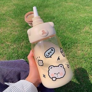 Cute Kawaii Korean Teddy Bear Plastic Water Bottle with Straw